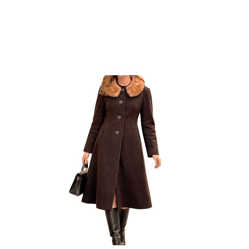 Falke Bros Womens Wool Coat Size M Mink Fur Collar Fit & Flare 1950s 1960s Brown